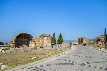 Road leading to north necropolis of antique city Hierapolis, Pamukkale, Turkey. There are remains of family crypts (left side) & basilica with baths (right side). All city included in UNESCO List