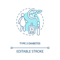 Type 2 diabetes concept icon. Blood sugar spike idea thin line illustration. Increased thirst, frequent urination, unexplained weight loss. Vector isolated outline RGB color drawing. Editable stroke