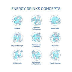 Energy drinks concept icons set. Health issues idea thin line RGB color illustrations. Caffeine. Migraines. Amino acids. Physical strength. Vector isolated outline drawings. Editable stroke