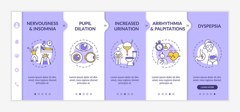 Energetics negative health effects onboarding vector template. Pupil dilation. Arrhythmia and palpitations. Responsive mobile website with icons. Webpage walkthrough step screens. RGB color concept