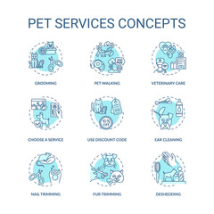 Pet services concept icons set. Grooming center services app. Grooming services options. Animal care idea thin line RGB color illustrations. Vector isolated outline drawings. Editable stroke