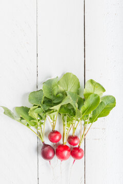 Tasty small radishes lying on white wooden surface.
