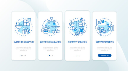 Customer development framework onboarding mobile app page screen with concepts. Communication ideas walkthrough 4 steps graphic instructions. UI vector template with RGB color illustrations