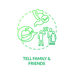 Tell family and friends concept icon. Healthy eating group. Vegan tutorial advices. Becoming a vegetarian tips idea thin line illustration. Vector isolated outline RGB color drawing