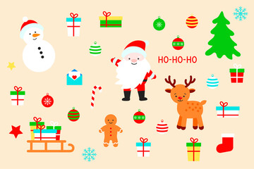 New Year's set for Christmas. Santa, snowman, deer, gingerbread man, Christmas balls and gifts