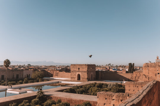 El Badii Palace under the sunlight and a blue sky in Marrakesh, Morocco