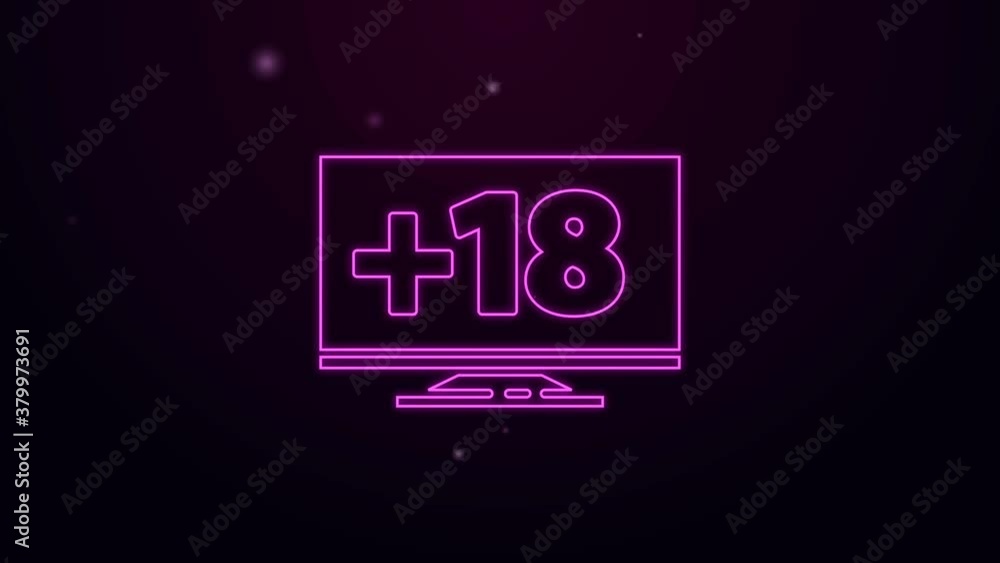 Aufkleber glowing neon line computer monitor with 18 plus content icon isolated on purple background. age rest