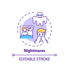 Nightmares concept icon. Night terrors. Healthcare problem. Awake from fear. Anxiety and stress. Sleep disorder idea thin line illustration. Vector isolated outline RGB color drawing. Editable stroke