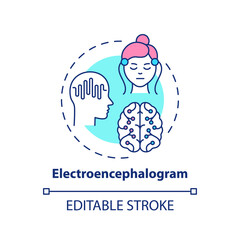 Electroencephalogram concept icon. Scientific brain study. Healthcare exam. Medical examination technology idea thin line illustration. Vector isolated outline RGB color drawing. Editable stroke