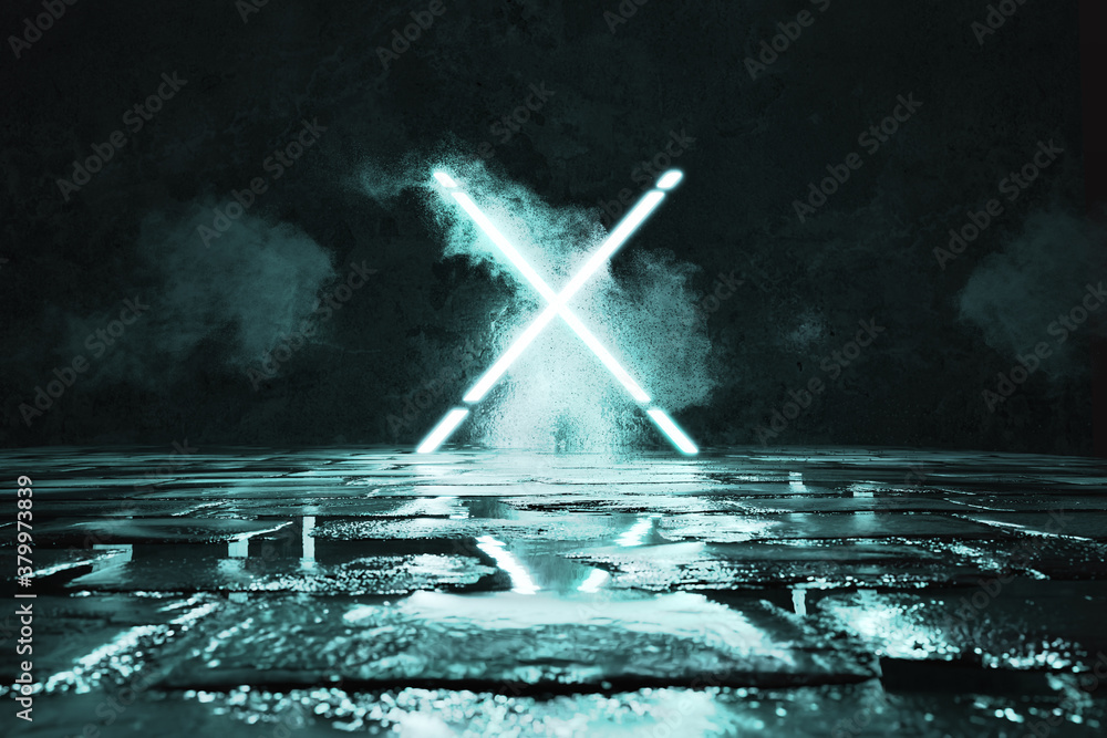 Poster 3d rendering of blue lighten x alphabet shape in front of grunge wall background and floor with pudd