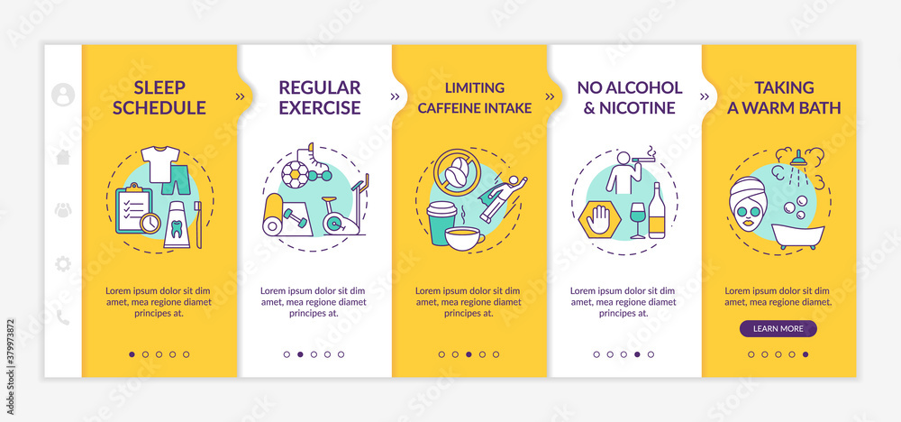 Poster sleep improvement onboarding vector template. nighttime routine for better dreaming. no alcohol and 