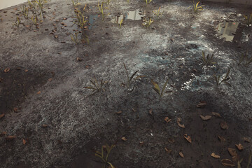 Fototapeta na wymiar 3d rendering of dirty asphalt surface with puddles and leaves