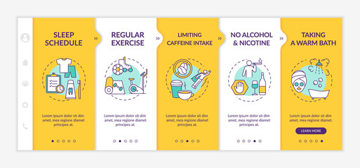 Sleep improvement onboarding vector template. Nighttime routine for better dreaming. No alcohol and nicotine. Responsive mobile website with icons. Webpage walkthrough step screens. RGB color concept