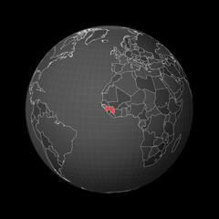 Dark globe centered to Guinea. Country highlighted with red color on world map. Satellite world projection. Neat vector illustration.