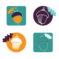 Acorns and oak leafs isolated on colored background. Flat style. Vector illustration. Illustration for wrapping paper, post cards, prints for clothes, and emblems. 