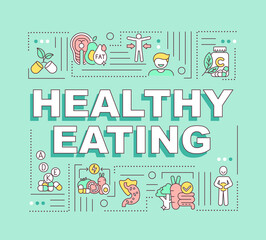 Healthy eating word concepts banner. Weight loss is result of proper nutrition. Infographics with linear icons on mint green background. Isolated typography. Vector outline RGB color illustration