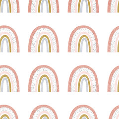 Seamless pattern of trendy cute rainbow illustration in pastel colors isolated elements on white background