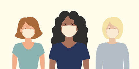 Masked medics. Woman doctor. Masked nurse. Pandemic. Vector flat illustration peoples wearing medical mask