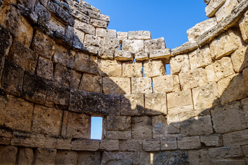 Bricklaying of antique tower in ancient city Hierapolis, Pamukkale, Turkey. This is part of Domitian gates, restored in modern times. Built around 84 AD. Included in UNESCO List