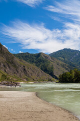 Summer day in mountainous Altai on the banks of the Katun river with turquoise water and mountain ranges covered with green forest. A secluded place to relax in Siberia.