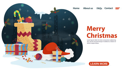 banner for Christmas and new year design of web pages mobile applications sock with gifts Christmas balls Santa hat flat vector illustration