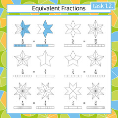 Equivalent Fractions Mathematical Worksheet Set. Coloring Book Page. Math Puzzle. Educational Game. 