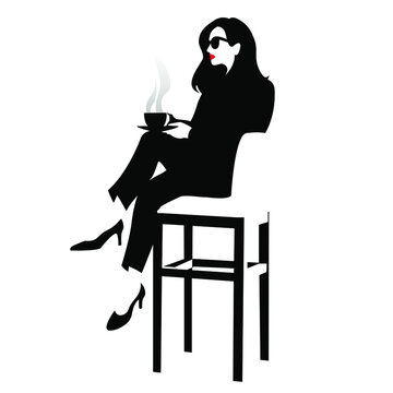 recommend clip art: A girl sits on a high chair with a cup of hot tea or coffee in her hands. Silhouette of a woman who sits in a cafe and enjoys a delicious drink. Stock vector illustration