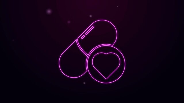 Glowing neon line Pills for potency, aphrodisiac icon isolated on purple background. Sex pills for men and women. 4K Video motion graphic animation.
