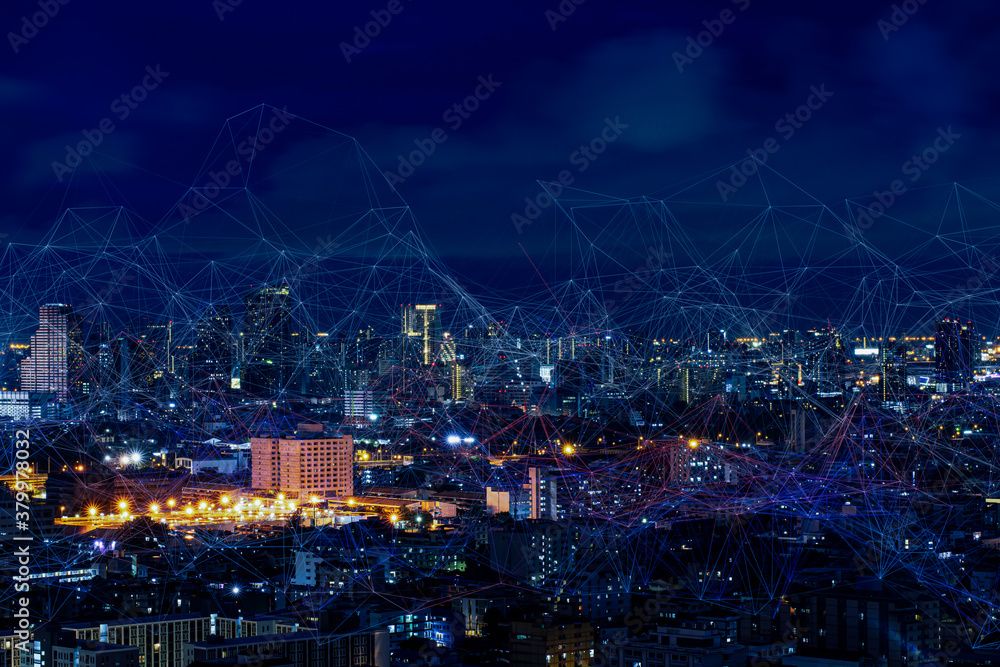 Aufkleber modern city with wireless network connection and city scape concept.wireless network and connection 