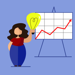An illustration of a woman standing near a diagram with a light bulb in hand. Business idea concept. Infographic. Brainstorm. 