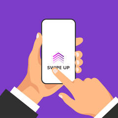 Hand holds phone with quick access button for social media on a screen. Scroll arrows and web icons for advertising and marketing in different apps. Man swipes up on the smartphone display.