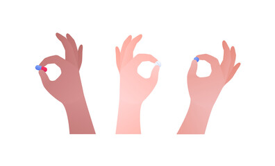 Healthcare medication and vitamin concept. Vector flat modern illustration set. Human hands of different skin color hold capsule pill by finger. Design element for medical banner, web, infographic.