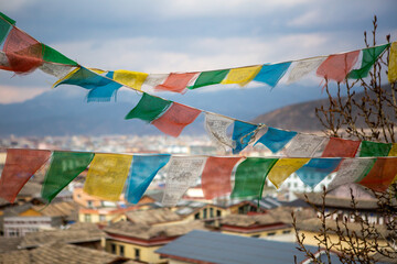 Prayer flags blow in Shangri-La, China.