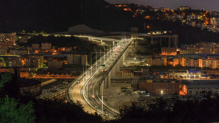 Top view at night of the new San Giorgio bridge in Genoa, Italy.