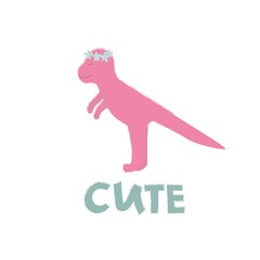 Cute pink dinosaur in a wreath of flowers isolated on a white background. Children's illustration.