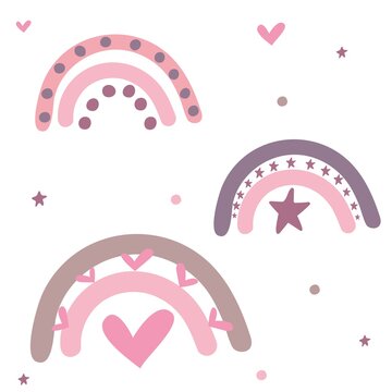 Cute Vector Pink Rainbow Clipart Set On White Background.