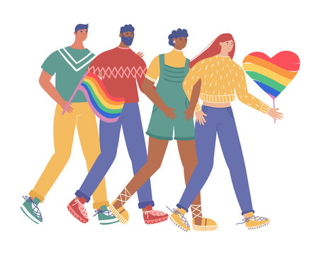 Lgbt community. A group of gays and lesbians take part in the pride parade. Vector illustration in cartoon style.