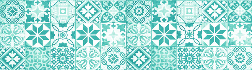 Fototapeta Colorful abstract turquoise aquamarine white vintage retro geometric square mosaic motif tiles texture wide background banner panorama obraz