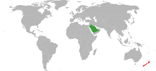 New Zealand, Saudi Arabia countries isolated on world map. Gray background. Business concepts and Travel backgrounds.