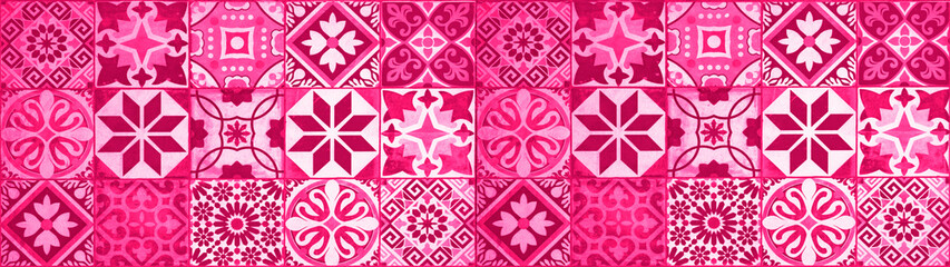 Colorful abstract pink magenta white vintage retro geometric square mosaic motif tiles texture wide...