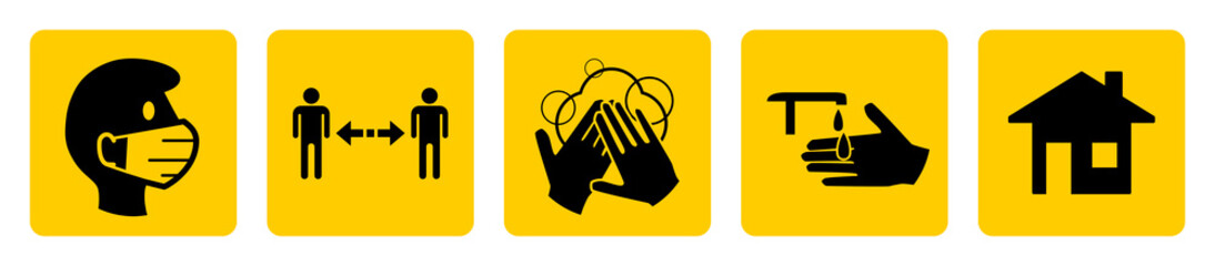 Set of Coronavirus Covid-19 Measure Signs including Wear a Face Mask, Keep Your Distance, Wash Your Hands, Sanitize Your Hands and Stay at Home. Vector Image.