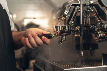 Coffee maker or barista, Using Automatic coffee machines are working by distilling concentrated drink, for customer service, to people and work concept.