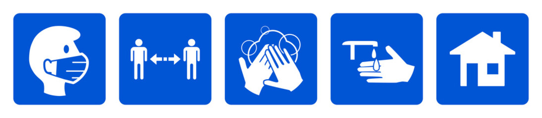Set of Coronavirus Covid-19 Measure Signs including Wear a Face Mask, Keep Your Distance, Wash Your Hands, Sanitize Your Hands and Stay at Home. Vector Image.