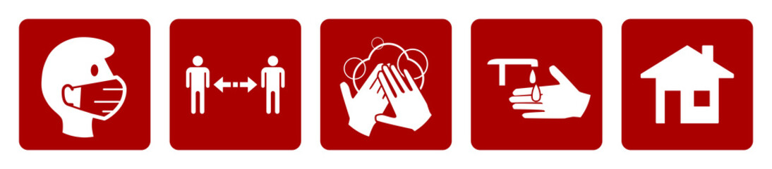 Set of Coronavirus Covid-19 Measure Signs including Wear a Face Mask, Keep Your Distance, Wash Your Hands, Sanitize Your Hands and Stay at Home. Vector Image.