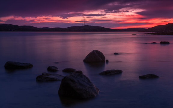 Night above the Arctic Circle at the coast of Barents Sea