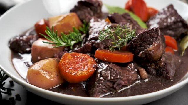 beef stew with carrot, potato and wine sauce- boeuf bourguignon