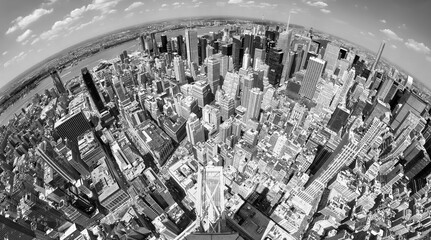 Fisheye lens black and white picture of New York cityscape, USA.
