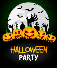 Halloween party banner. Poster with zombie hands in the cemetery and funny pumpkins . Halloween greeting card. Vector illustration