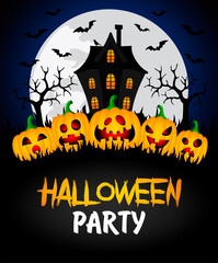 Halloween party banner. Poster with terrible house and funny pumpkins . Halloween greeting card. Vector illustration