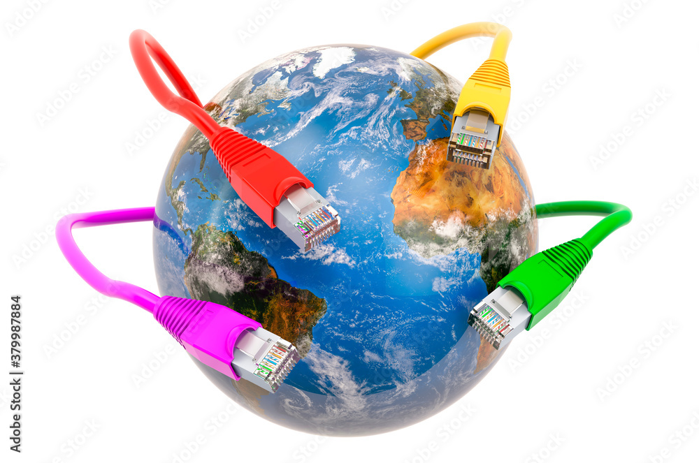 Aufkleber earth globe with lan cables. global internet connection concept. 3d rendering